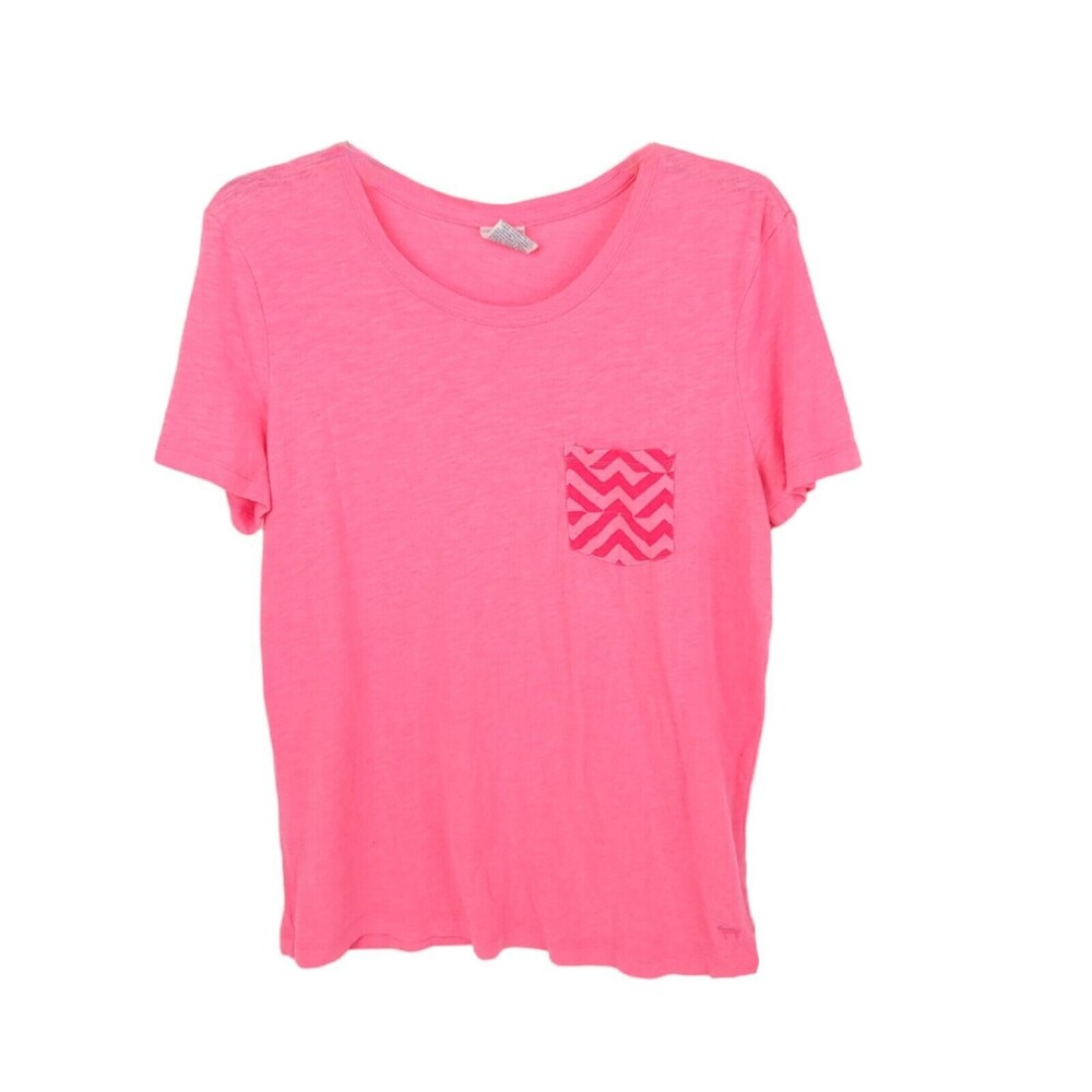 Victoria's Secret Pink Shirt Womens Medium Short Sleeve Logo Stretch Pocket